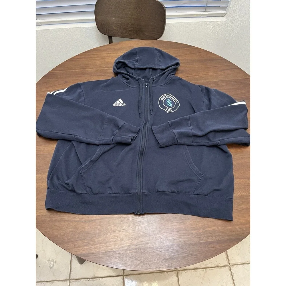 Seattle Kraken 2XL NHL Hockey Hoodie Large 2021 Adidas 3-Stripe Full Zip Pockets